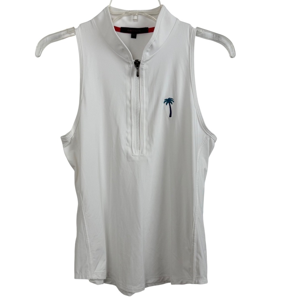 Greyson Sleeveless Quarter Zip Top White Palm Logo Golf Athleisure Coastal